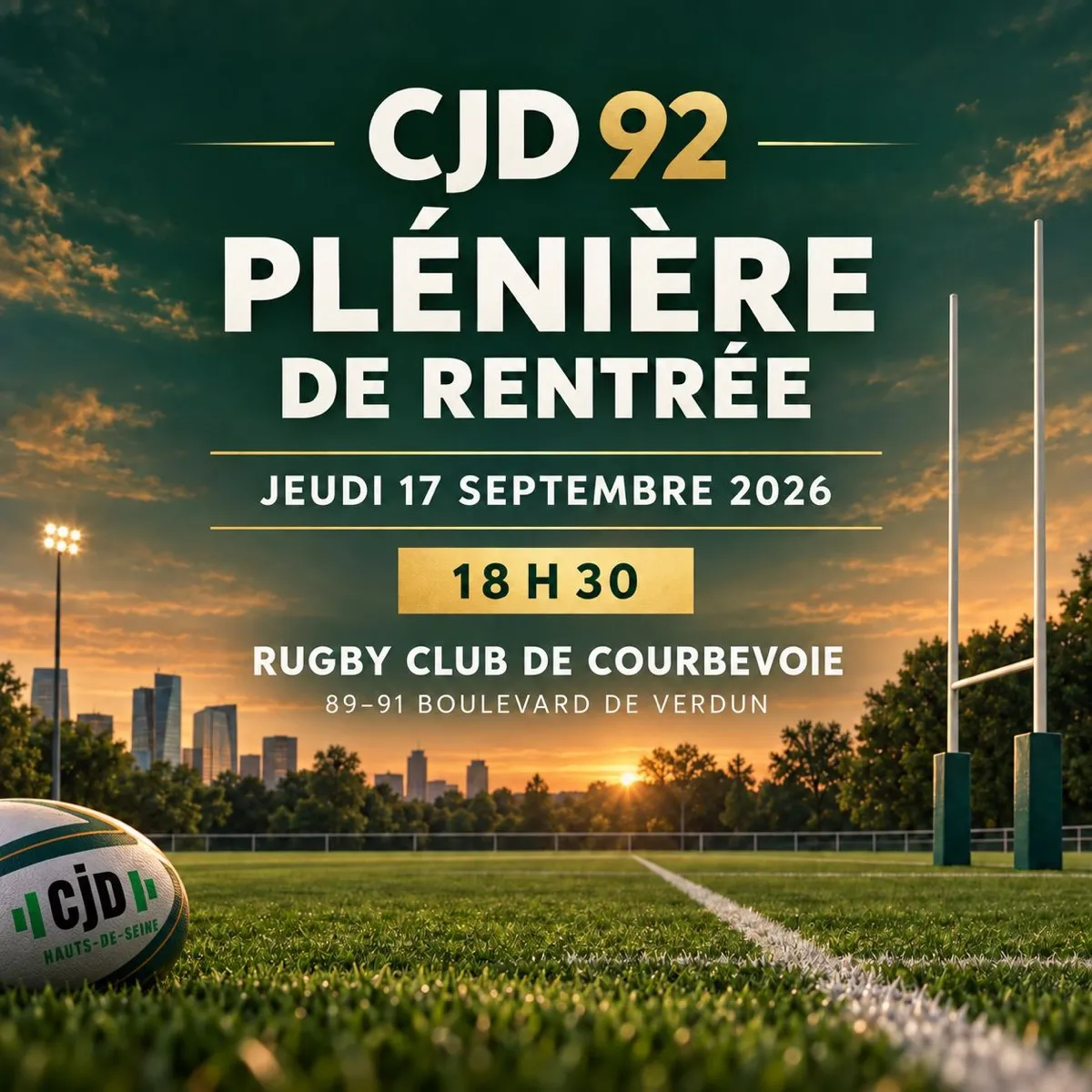Affiche de la plénière de rentrée du CJD 92, jeudi 17 septembre 2026 à 18h30 au Rugby Club de Courbevoie